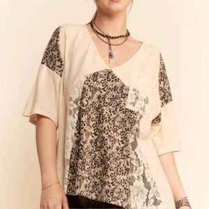Davi & Dani pale peach leopard and lace patchwork top Size 1X